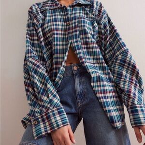 Free People We The Free Indigo Skies Plaid Shirt - size m